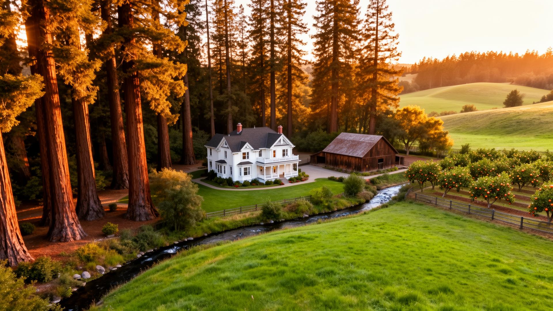The Woodside Commons property — a historic Victorian farmhouse nestled among redwood trees